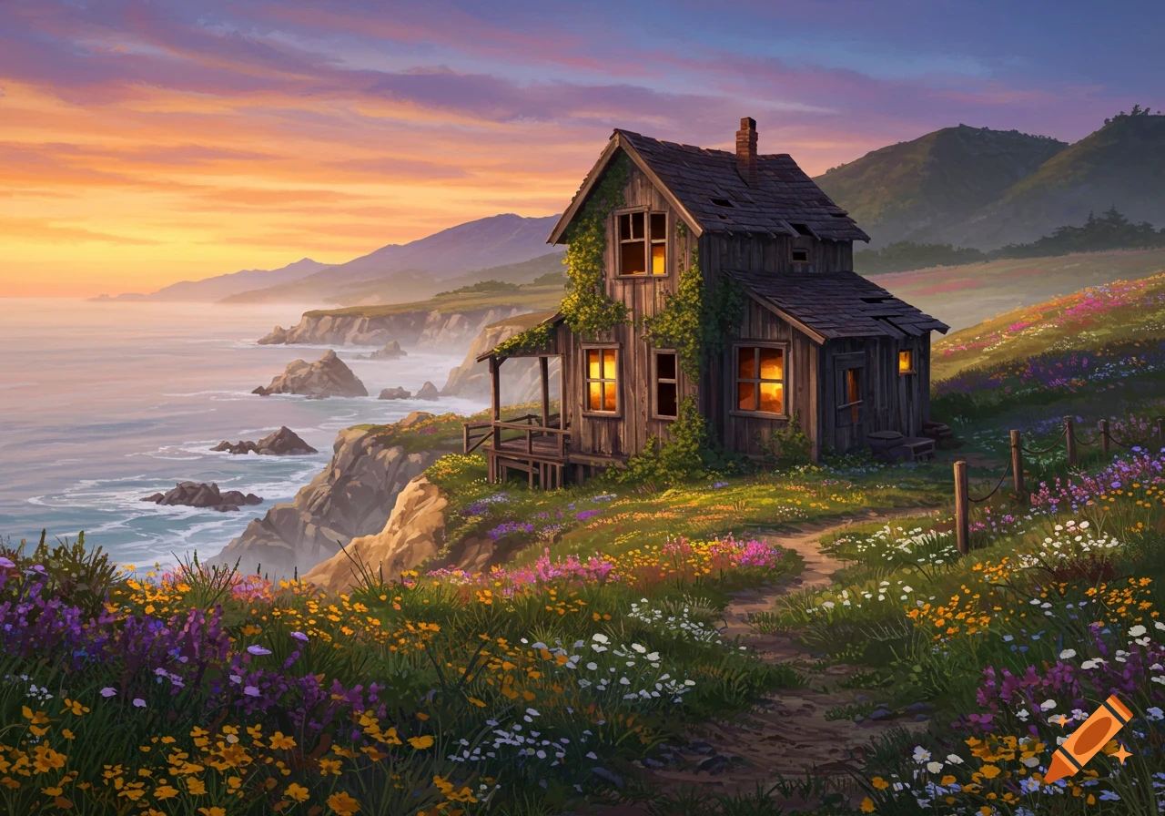 An old wooden house on a cliff overlooking the ocean at sunset, surrounded by wildflowers.