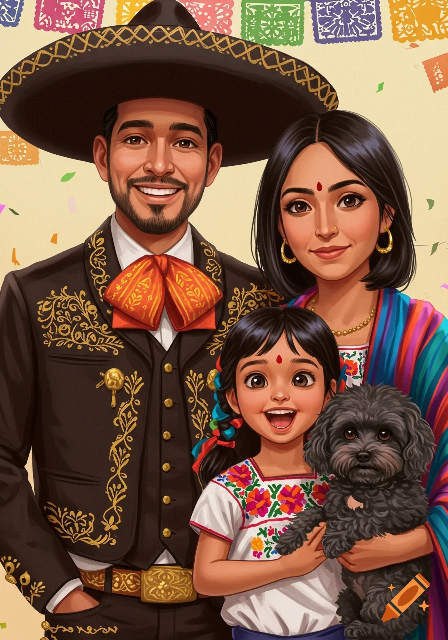 A smiling family portrait featuring a dad in a mariachi suit, a mom in a rebozo, a girl in an embroidered blouse holding a black poodle, against a backdrop of papel picado.