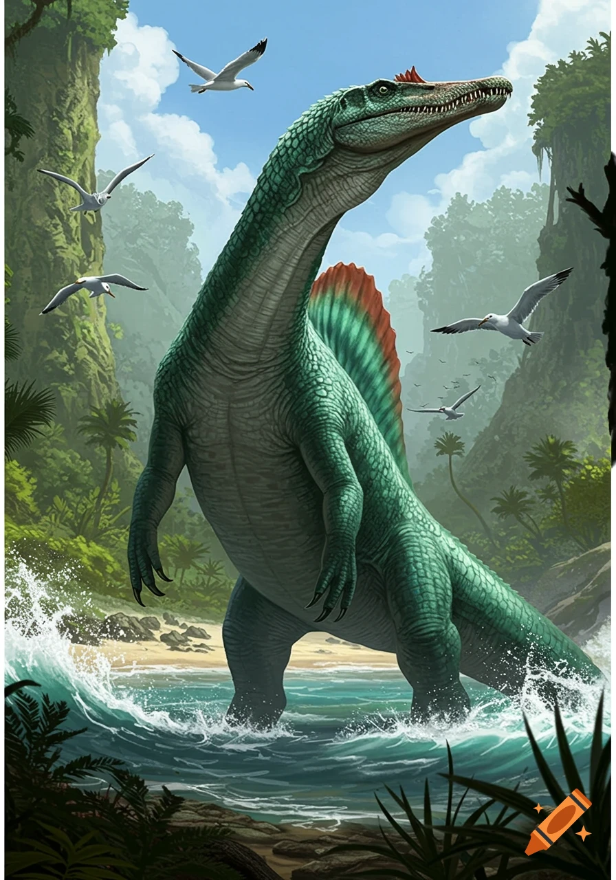 A large green dinosaur-like creature with a finned back stands in ocean waves on a tropical beach, with seagulls flying above and lush cliffs.