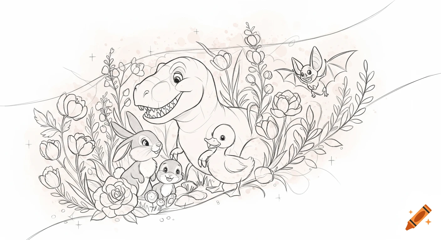 Line art drawing of a friendly T-Rex, a bunny, a duckling, and a bat in a whimsical garden with flowers.