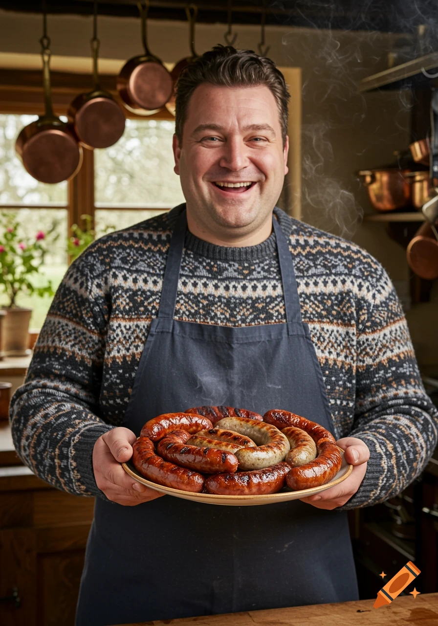 A smiling man in a patterned sweater and apron holds a plate of steaming sausages in a rustic kitchen.