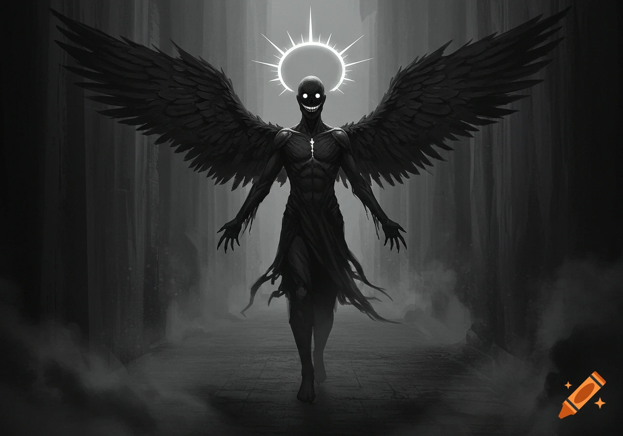 A dark, winged angelic creature with glowing eyes and a jagged smile stands in a shadowy hall.