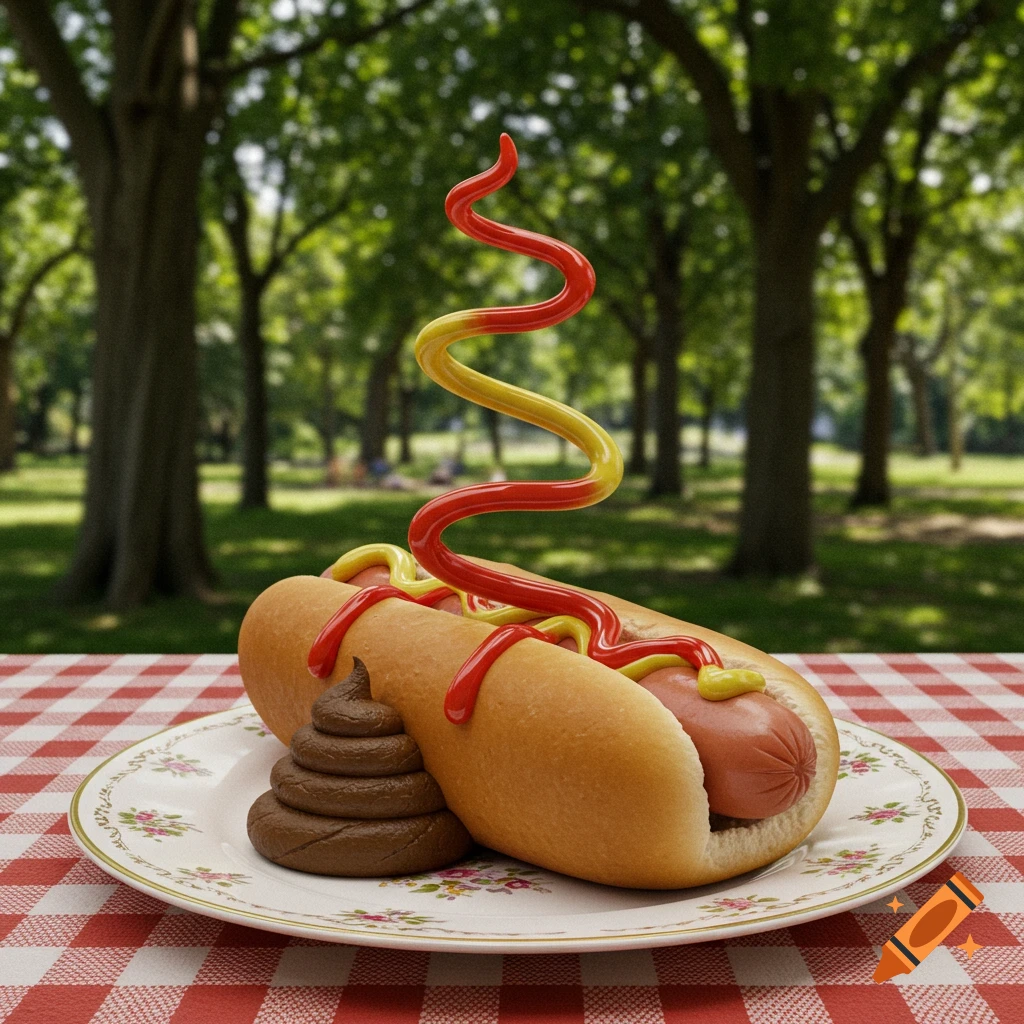 A photorealistic hot dog with sculpted ketchup and mustard next to a pile of feces on a plate, on a picnic table in a park.