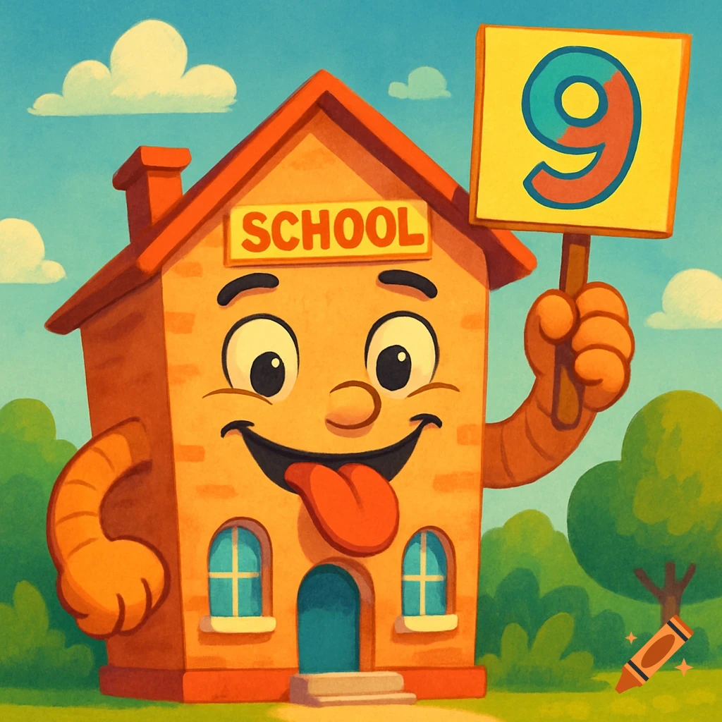 A cheerful cartoon school building with a face and tongue sticking out, holding a yellow sign with the number 9.