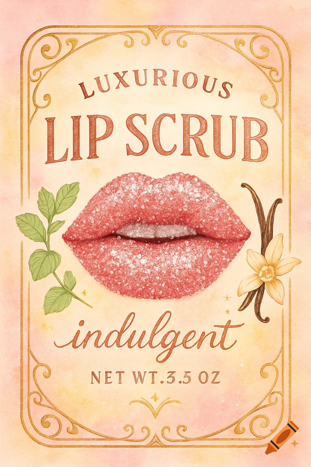 A vintage-style product label for 'Luxurious Lip Scrub' featuring glittery lips, mint leaves, and vanilla pods on a soft pastel background.