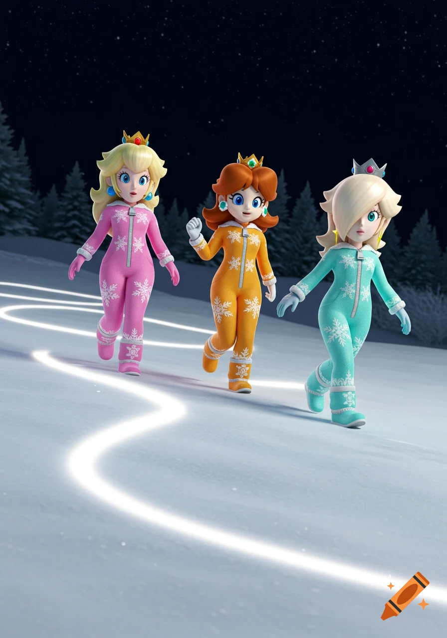 Princess Peach, Daisy, and Rosalina in snow jumpsuits walk on a snowy path at night in a 3D render.