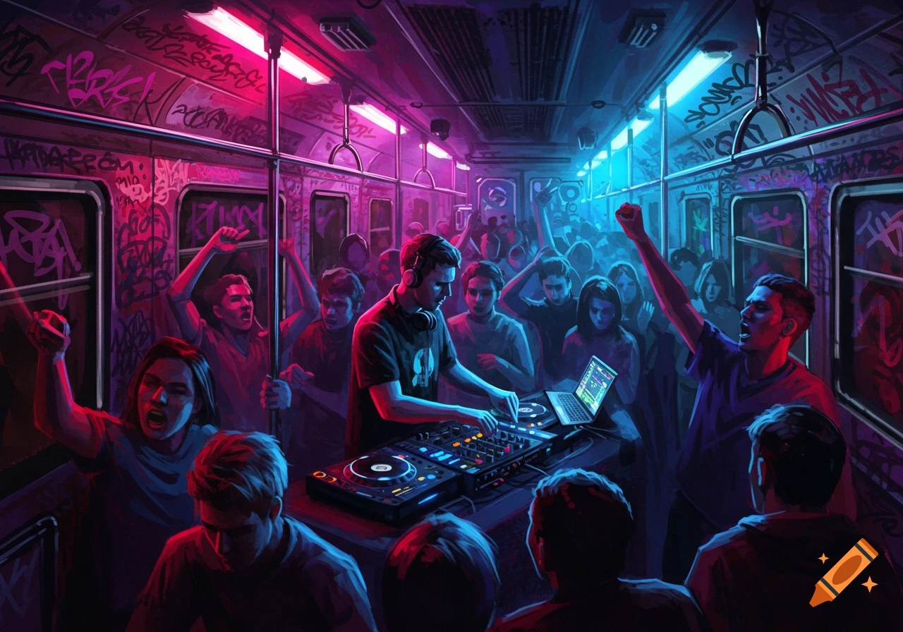 A DJ plays music on decks in a crowded subway train, illuminated by vibrant pink and blue rave lights, with graffiti covering the walls.