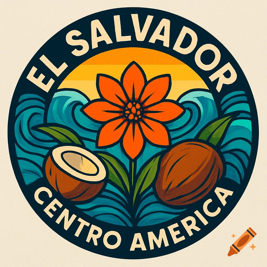 Circular logo for El Salvador Centro America with an orange flower, coconuts, blue waves, and a yellow sun.