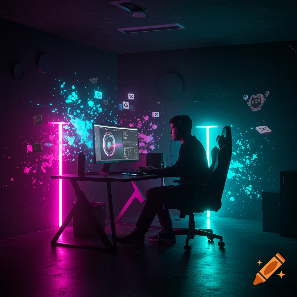 A person sits at a computer in a dark room illuminated by vibrant pink and teal neon lights and digital effects.