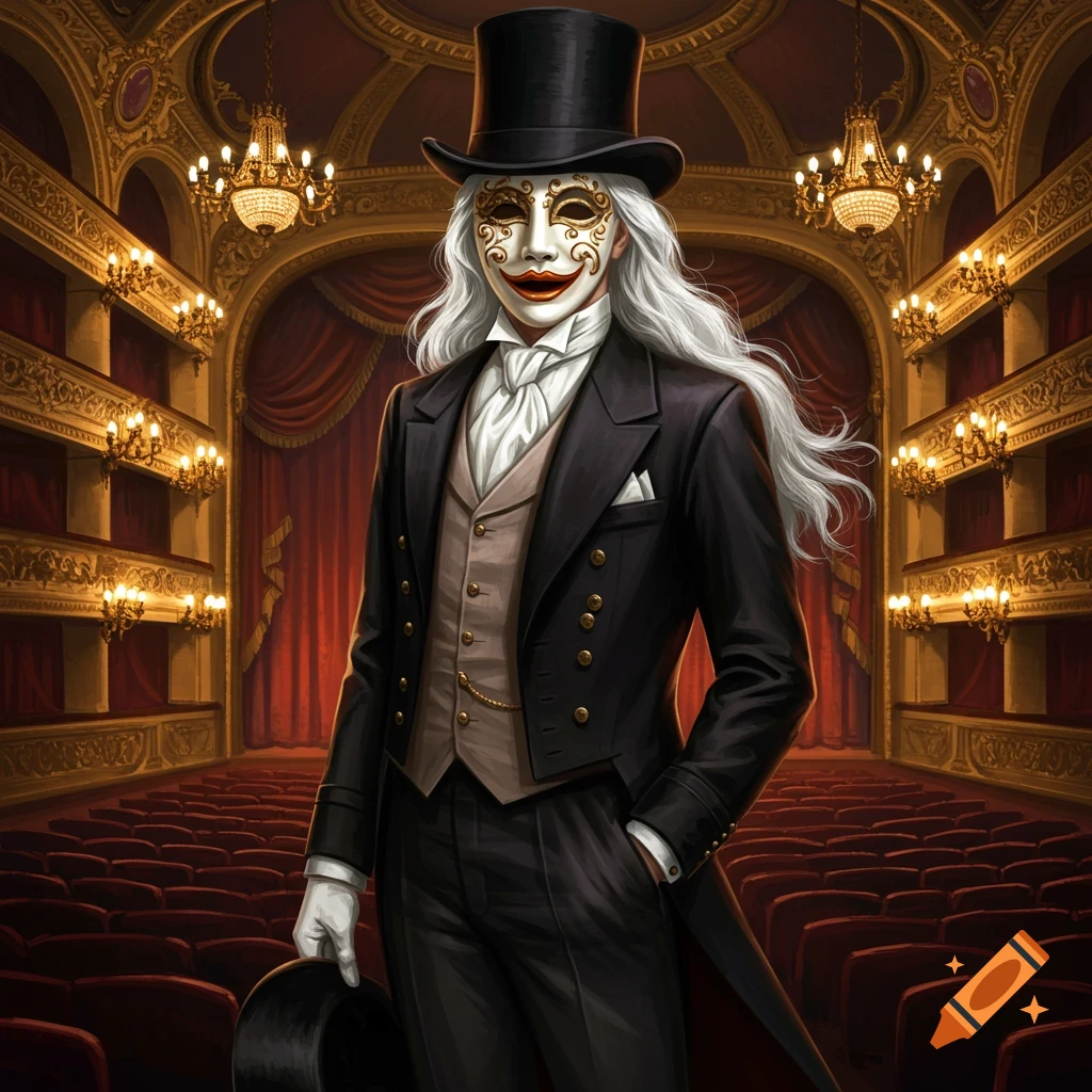 A man with long white hair, a top hat, and an ornate white mask in a black tuxedo stands in an opulent red-seated theatre.