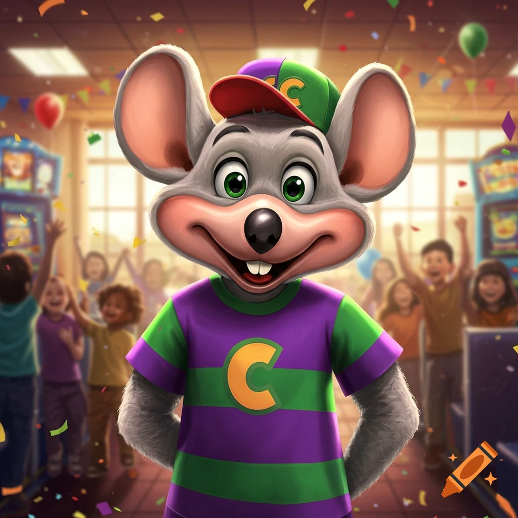 Smiling Chuck E. Cheese mascot in a vibrant arcade with children cheering in the background and confetti falling.