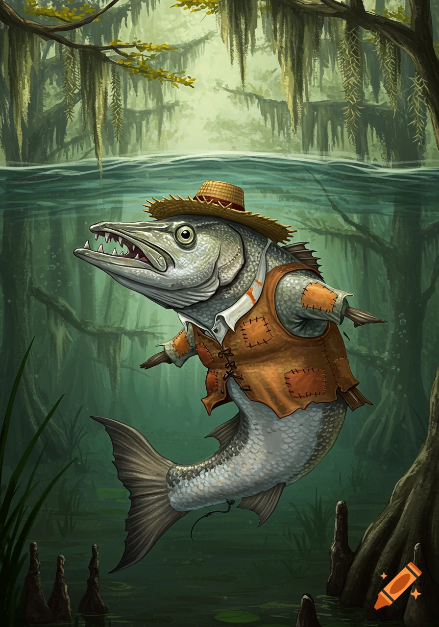An anthropomorphic barracuda wearing a straw hat and patched brown vest swims in a murky bayou with cypress trees and Spanish moss.
