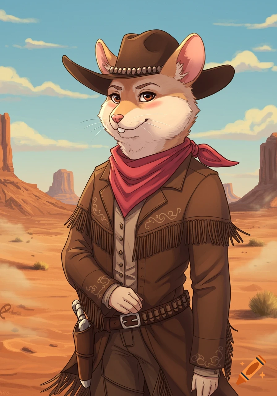 A cartoon anthropomorphic mouse in a cowboy hat and fringed jacket stands in a desert landscape.