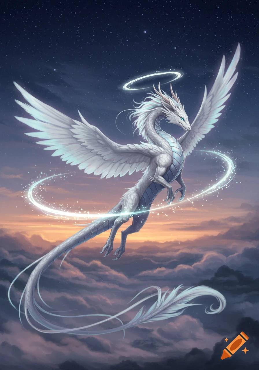 A majestic white winged dragon with a glowing halo and magical trails soars through a starry night sky above clouds.
