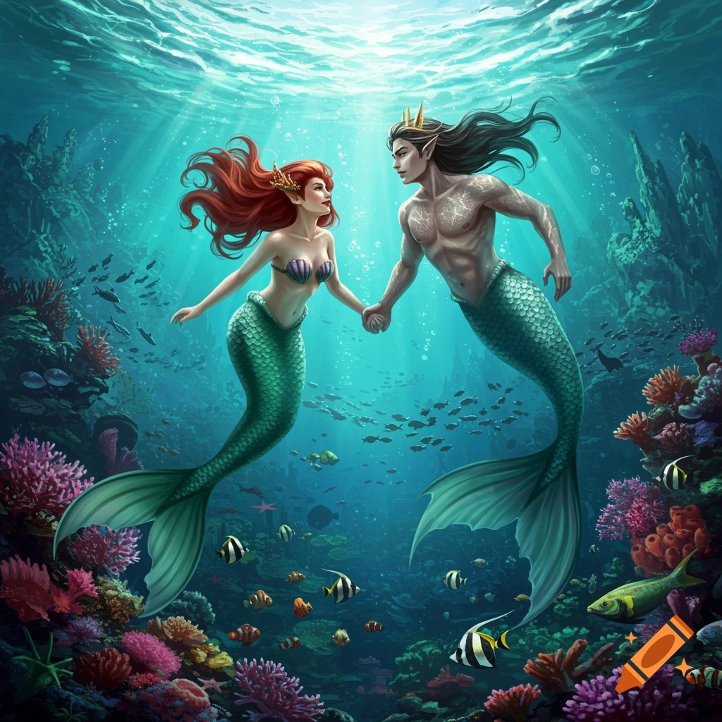 A red-haired mermaid and a dark-haired merman hold hands underwater, surrounded by colorful coral and fish, with light rays from the surface.