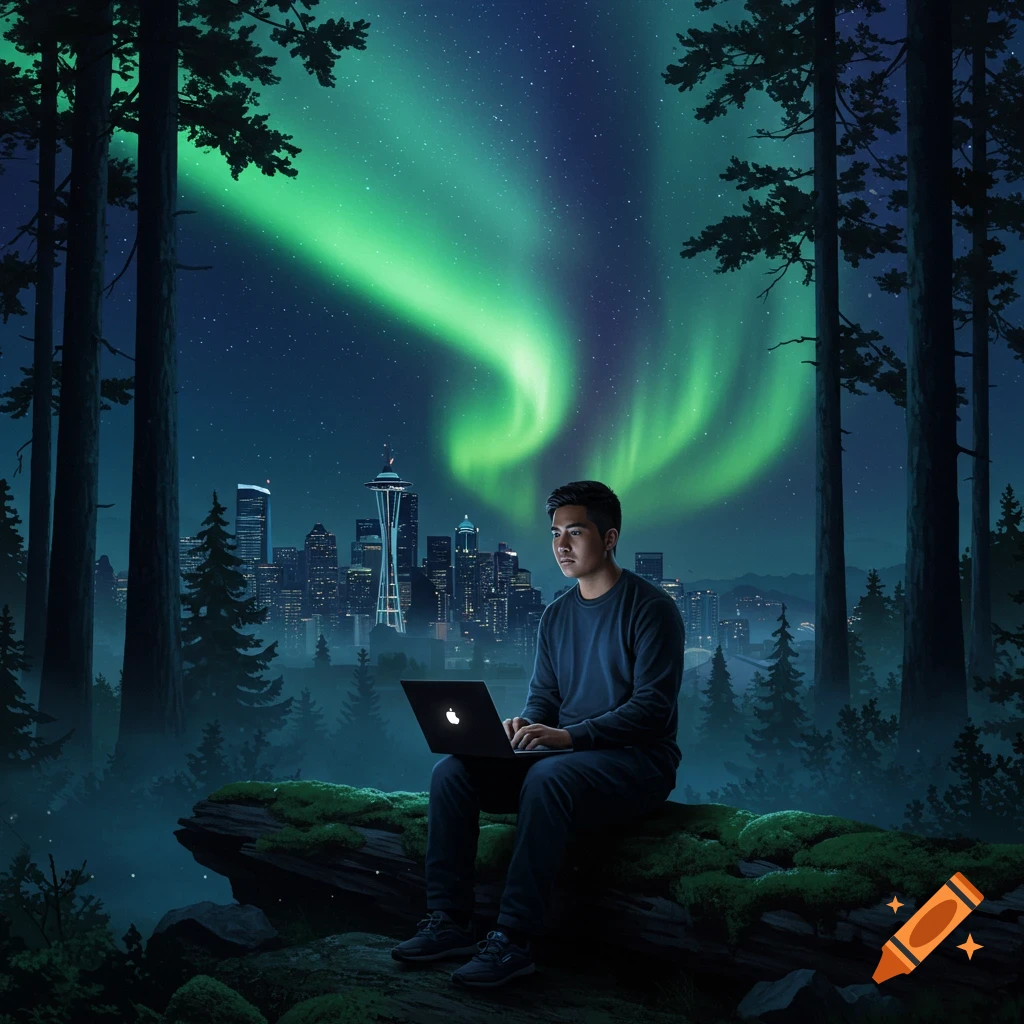 A man sits on a mossy log in a Pacific Northwest forest at night, using a laptop. The Seattle skyline glows in the background under a vibrant green aurora borealis.