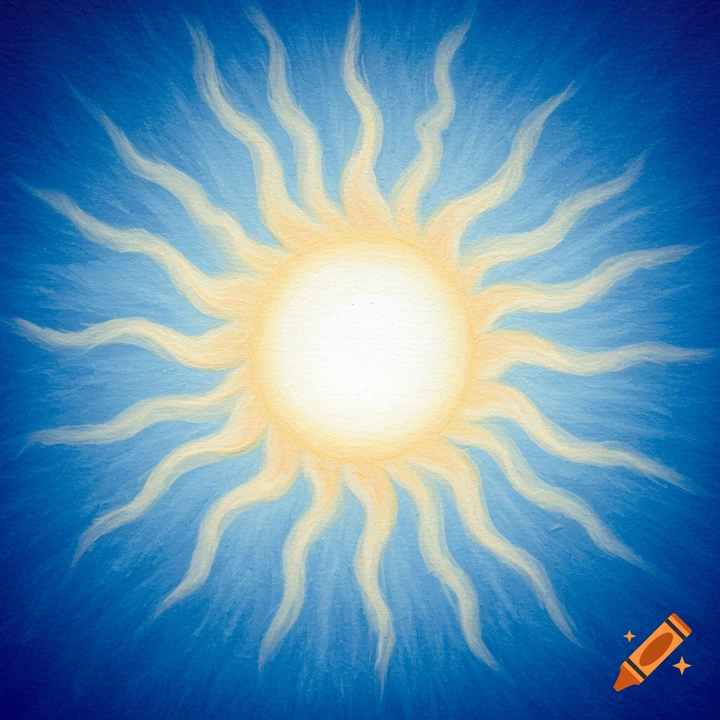 A stylized yellow sun with wavy rays against a textured blue background, painted in a watercolor style.