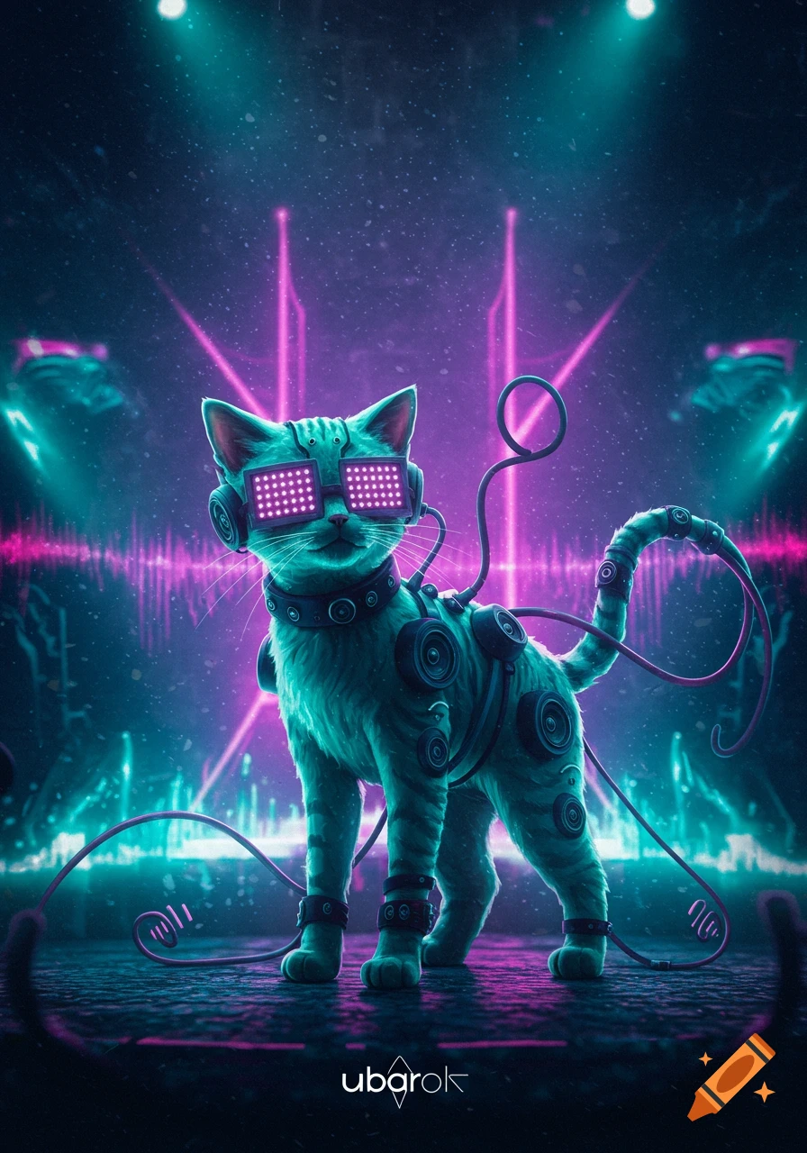Teal cybernetic cat wearing LED glasses and wires in a neon-lit cyberpunk setting.