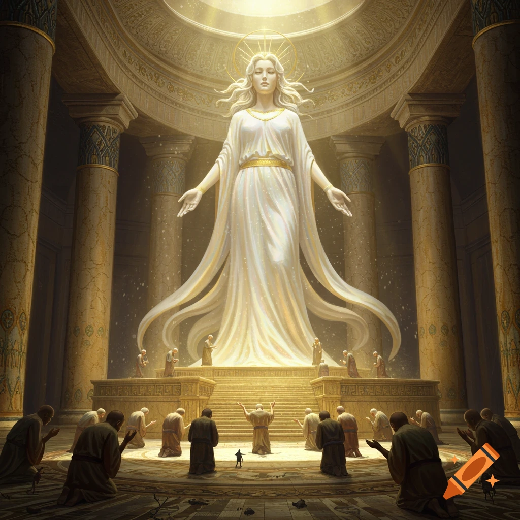 A giant radiant goddess in a flowing white gown stands in a grand golden temple, with tiny worshipers kneeling before her.