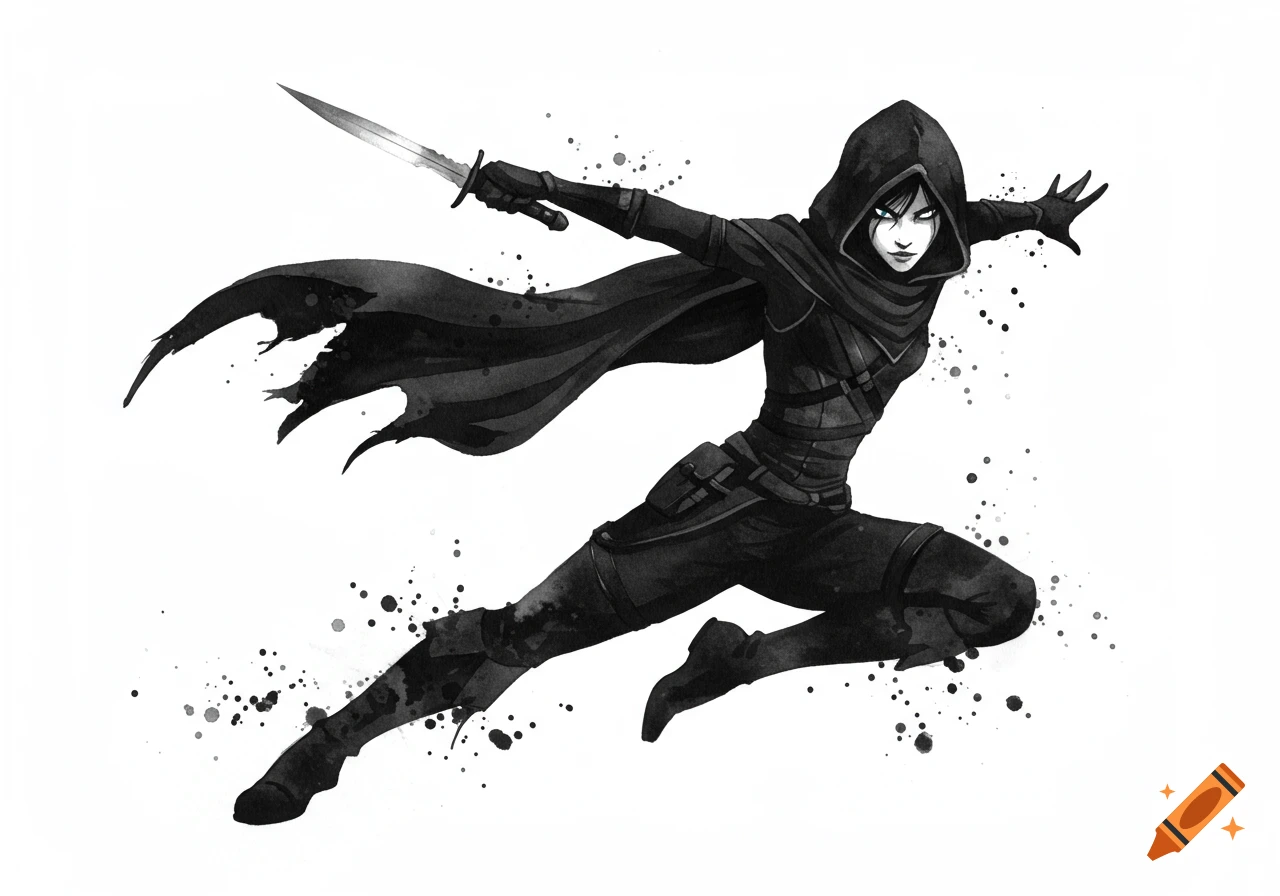 A dynamic black watercolor illustration of a hooded rogue in black, lunging with a knife against a white background with ink splatters.