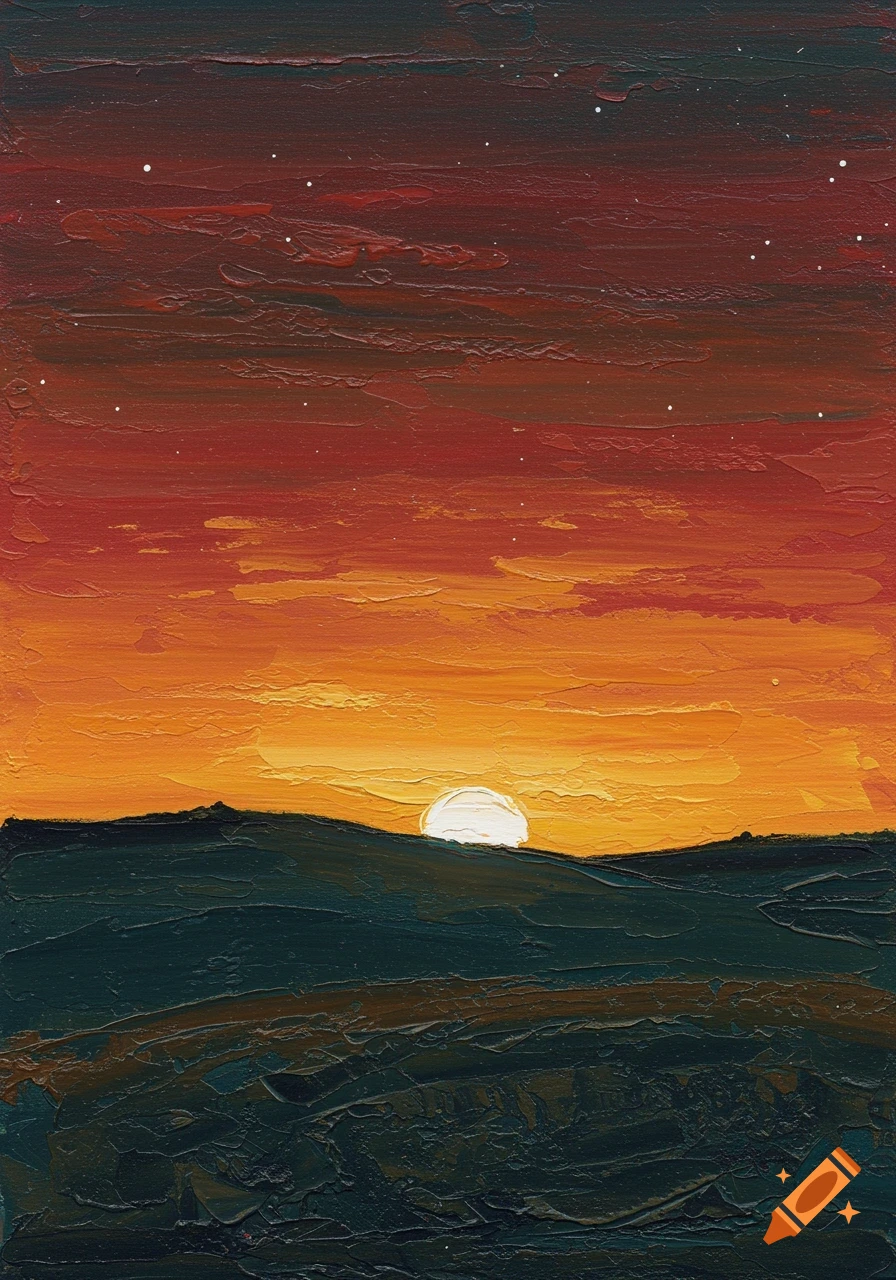 An abstract impasto painting of a sunset over a dark hill with a red and orange sky.