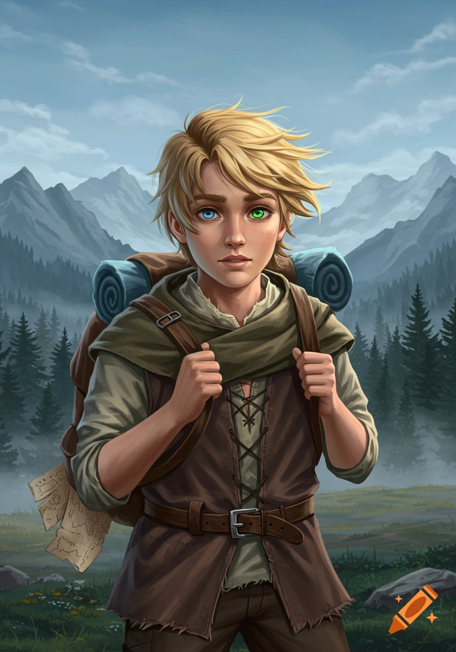 A blonde young man with one blue eye and one green eye, wearing medieval travel clothes and a backpack, stands in a forest with mountains behind him.