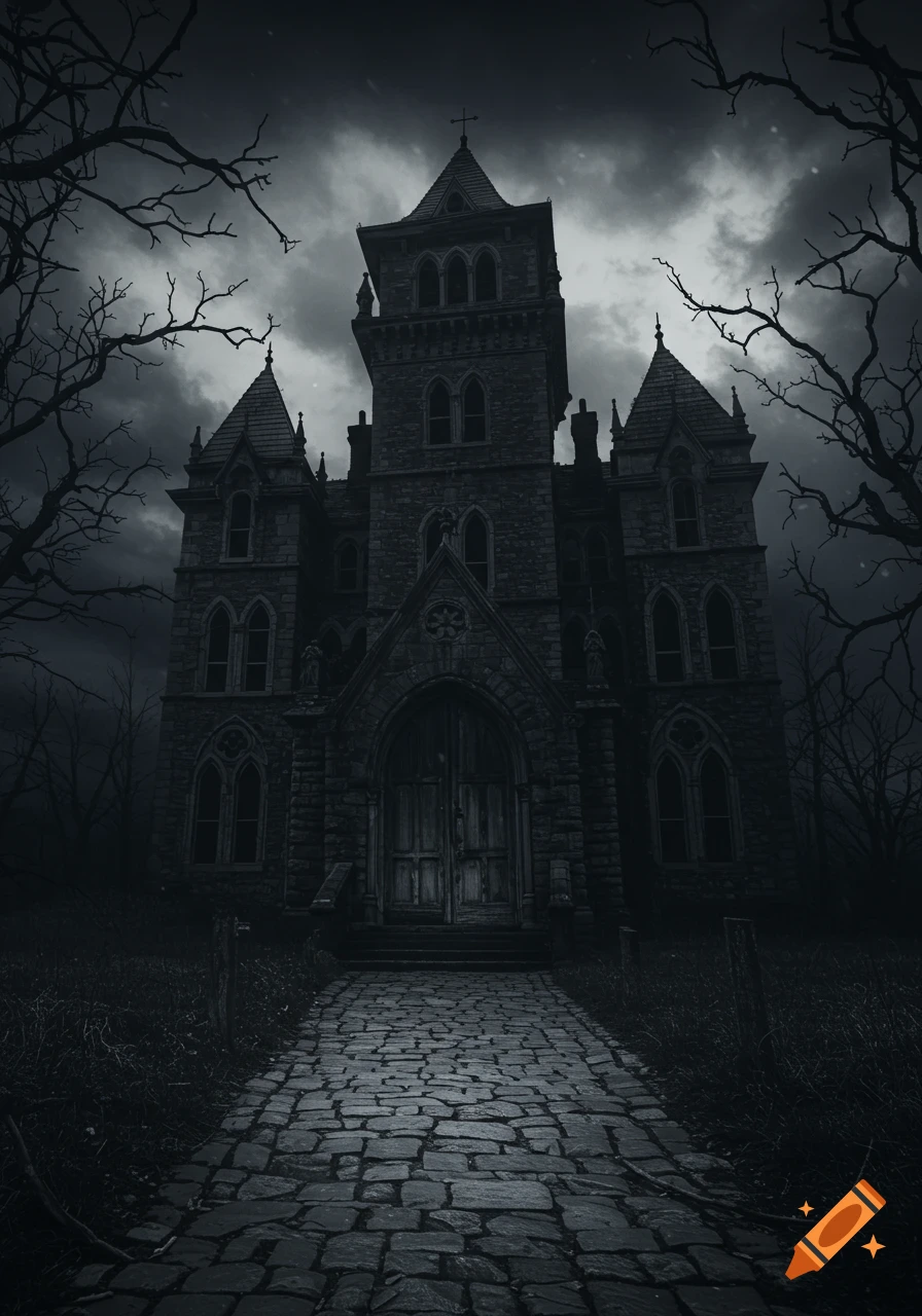 A dark, ominous gothic mansion stands at the end of a cobblestone path under a stormy, moonlit sky, surrounded by bare trees.