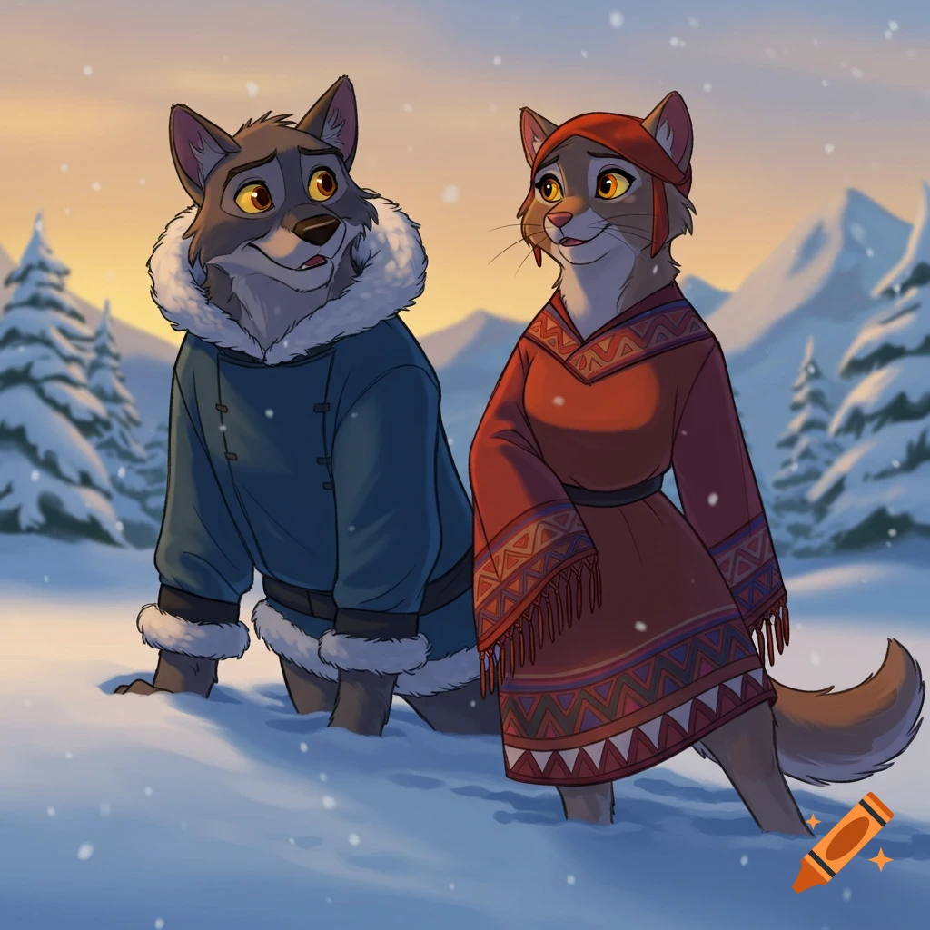 An anthropomorphic wolf and cat wearing winter clothes stand in deep snow in a snowy mountain landscape at sunset.