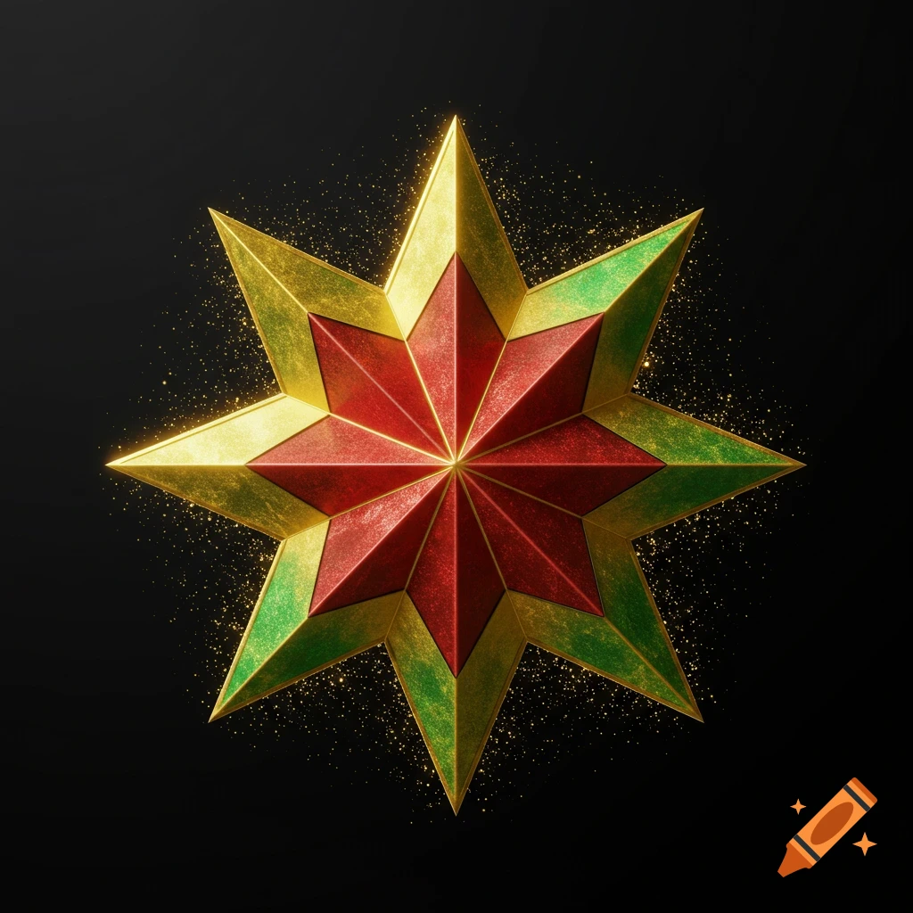 A vibrant, faceted eight-pointed star in red, gold, and green, surrounded by gold glitter on a dark background.