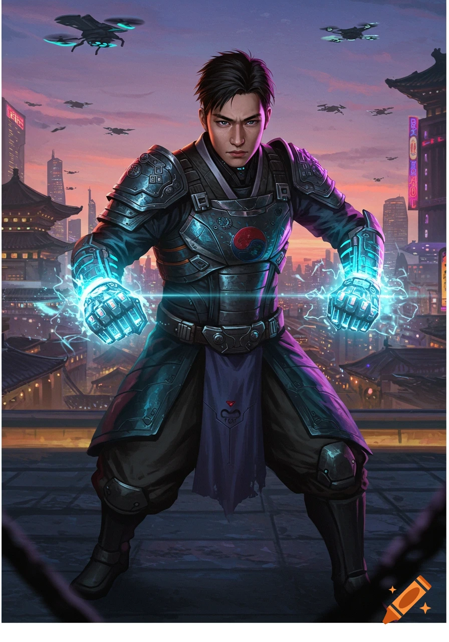 A powerful male character in glowing cybernetic armor stands in a futuristic Asian city at sunset, electricity crackling around his hands, with drones flying overhead.