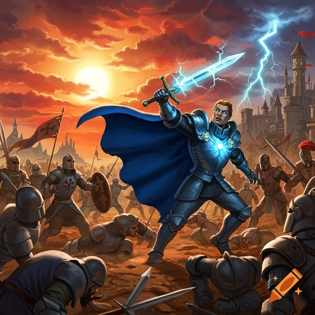 A valiant knight with a glowing sword leads a stylized battle on a field, a castle visible under a stormy sunset.