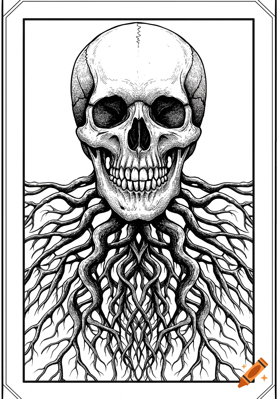 A detailed black and white illustration of a human skull with intricate roots spreading out from its base.