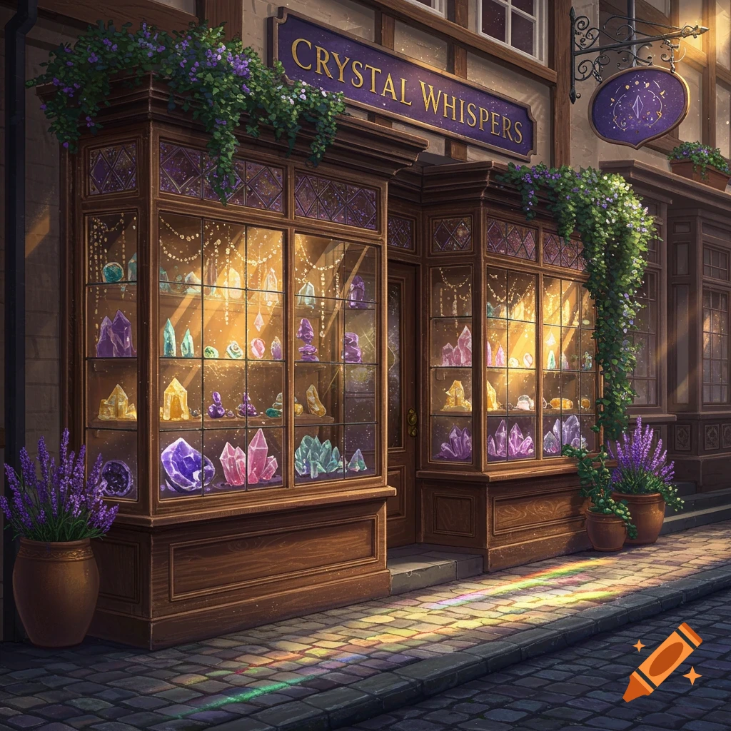 A whimsical shop named "Crystal Whispers" filled with colorful crystals, adorned with purple flowers, on a cobblestone street with a rainbow reflection.