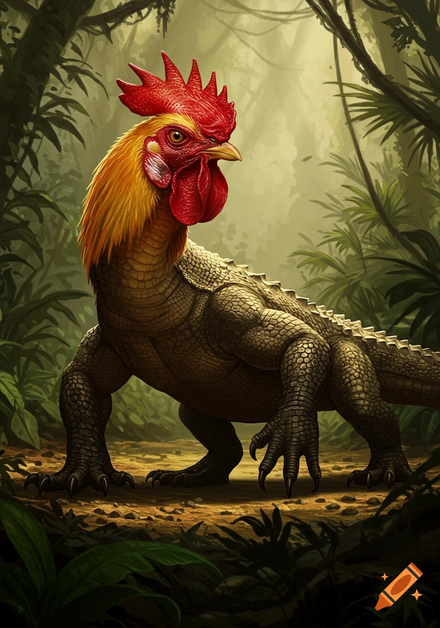 A rooster-headed, scaly-bodied creature resembling a Komodo dragon and crocodile, standing in a lush jungle with large leaves.