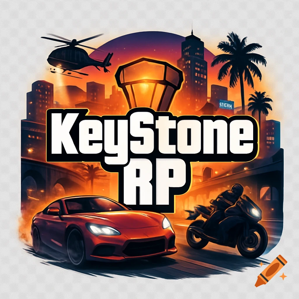 A vibrant, GTA-style logo for 'KeyStone RP' featuring a red sports car, motorcycle, helicopter, and city skyline at sunset.