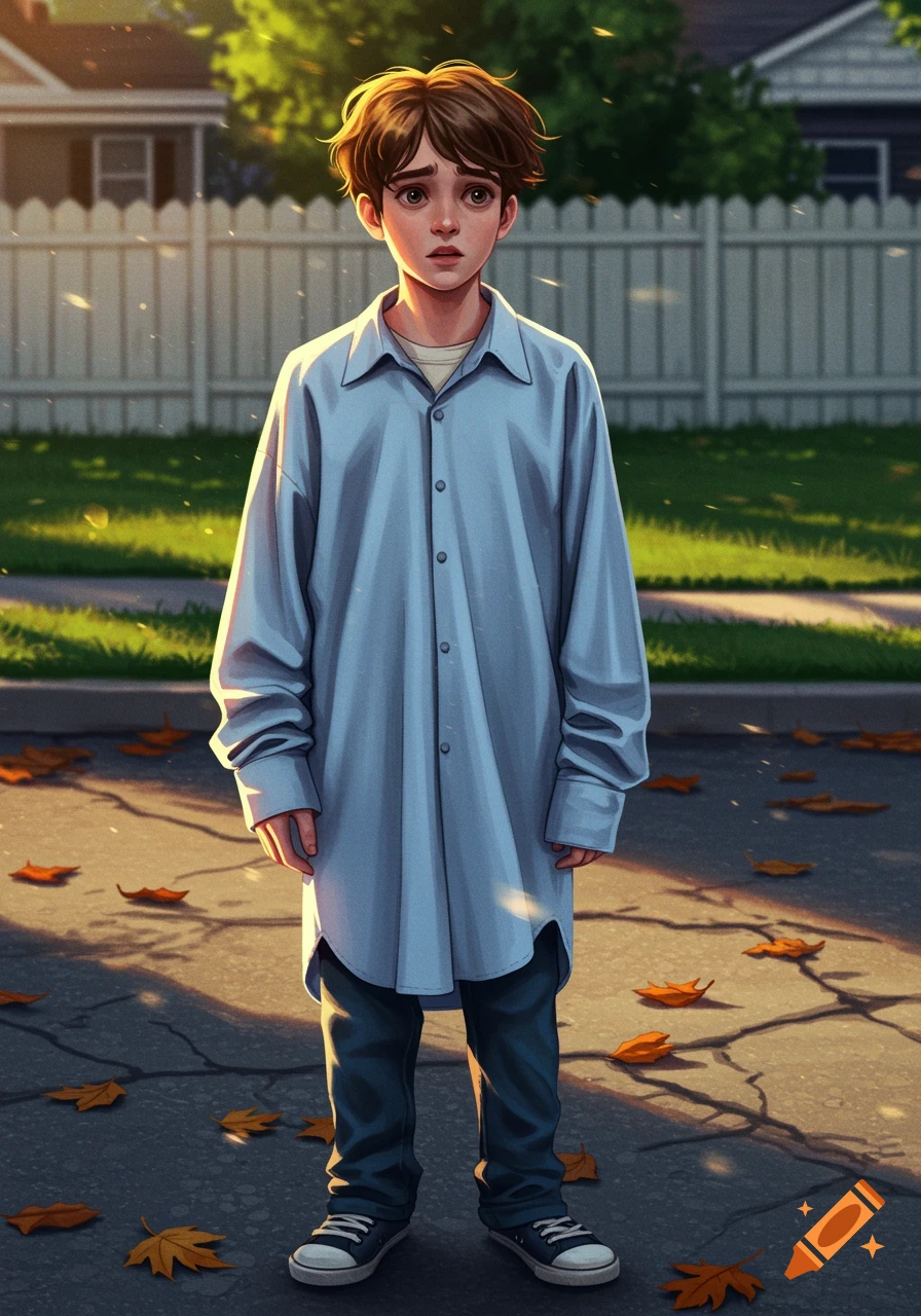 Anxious adolescent boy in an oversized blue shirt stands on a suburban street with fallen autumn leaves.