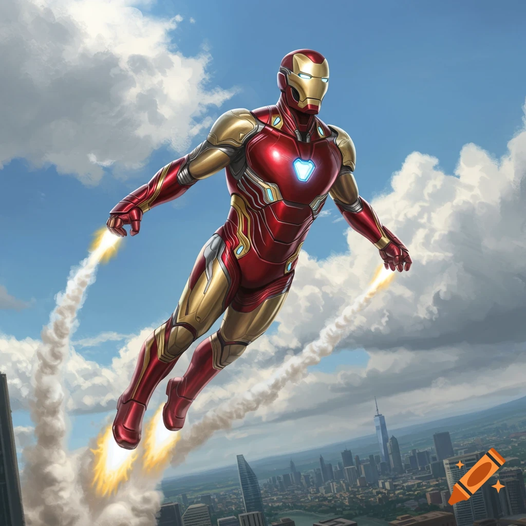 Iron Man flies through a blue sky with clouds above a city skyline, exhaust trails streaming from his hands and feet.