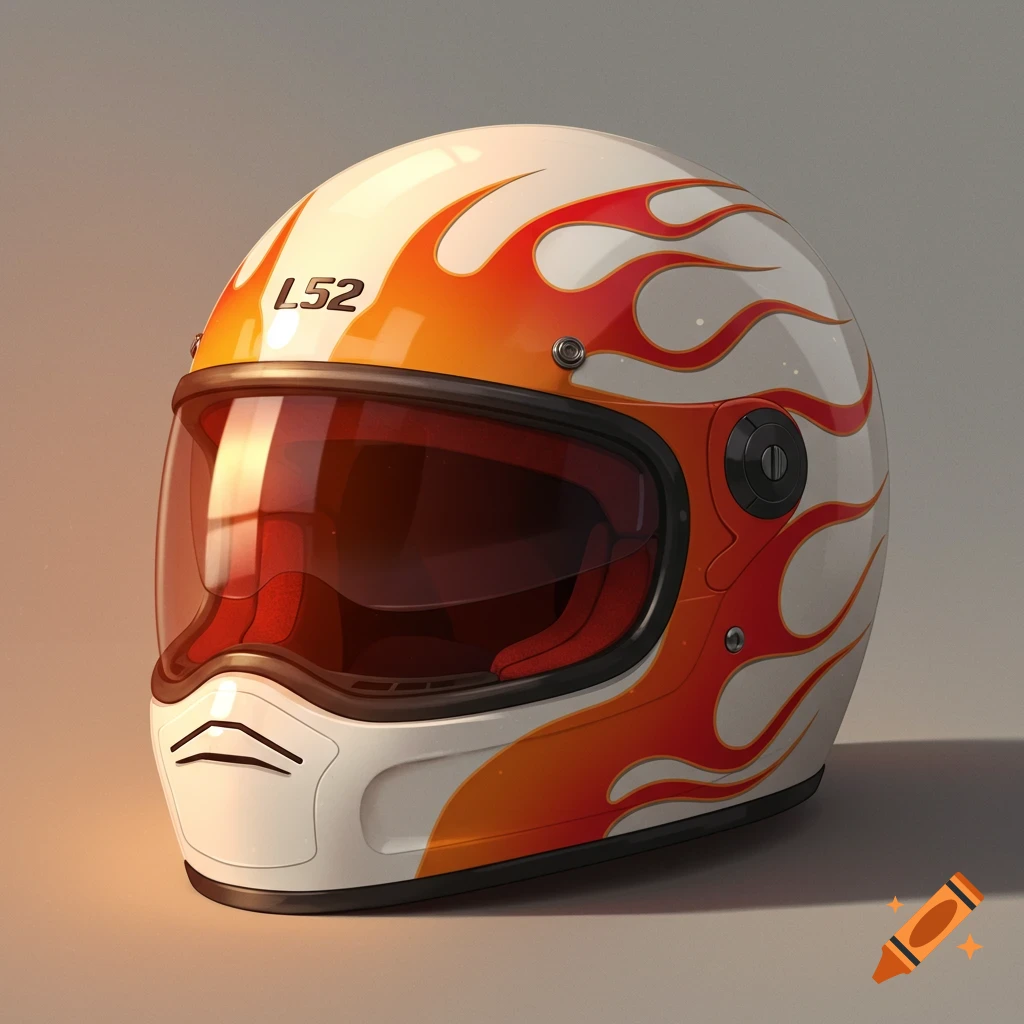 A white L52 sports motorcycle helmet with orange and red flame decals, featuring a dark visor, on a neutral background.