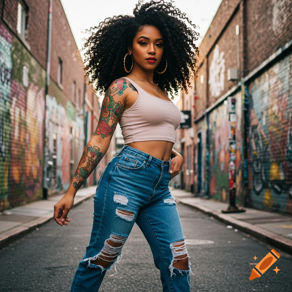 A woman with curly hair, gold hoops, crop top, ripped jeans, and colorful arm tattoos stands confidently in an alley with graffiti-covered brick walls. Photorealistic style.