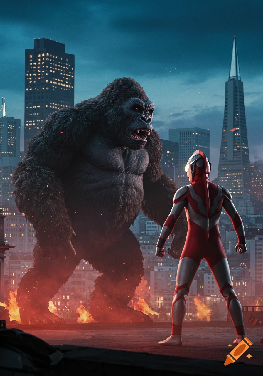 Photorealistic image of giant King Kong roaring at Ultraman on a rooftop, with a burning San Francisco cityscape at night.