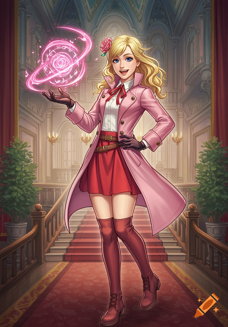 Confident blonde sorceress in pink peacoat and red skirt casts pink magic in a grand estate, anime RPG art style.