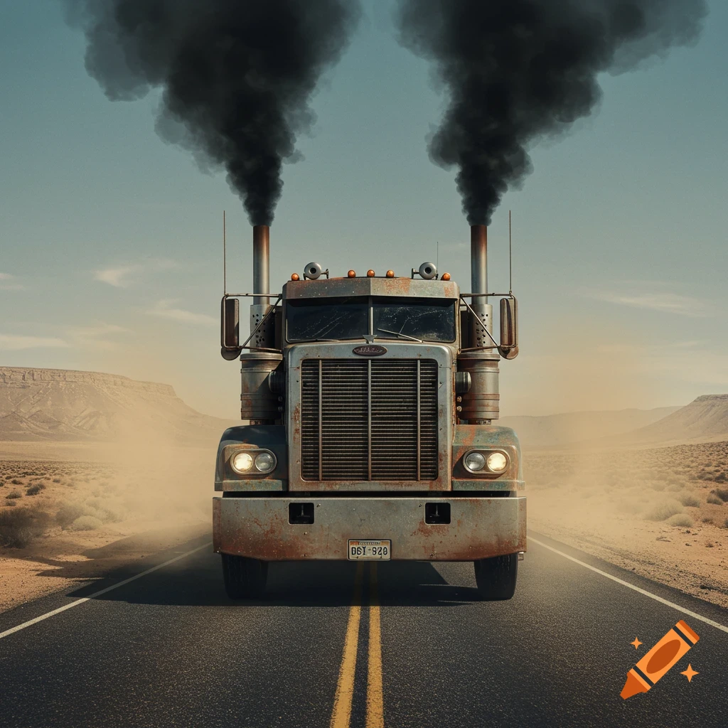 A weathered semi-truck drives down a desert road, billowing thick black smoke from its exhaust pipes, under a clear sky.