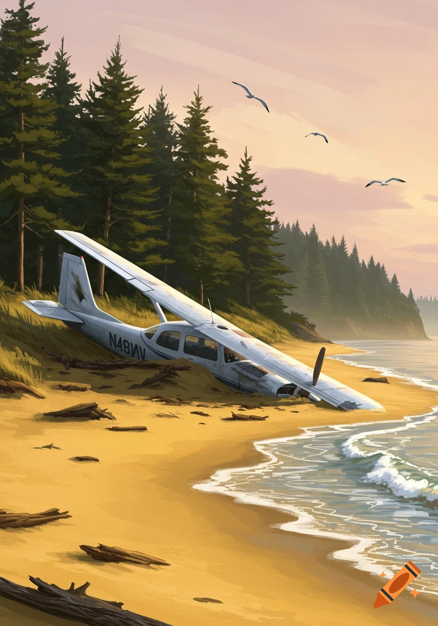 Illustrative scene of a small white airplane crashed on a sandy beach next to a forest, with seagulls flying above at sunset.