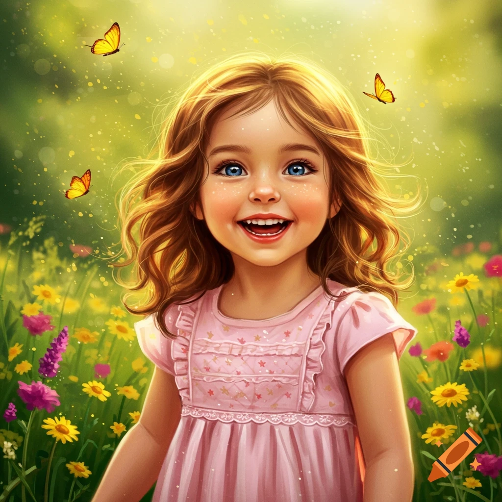A smiling young girl in a pink dress stands in a field of wildflowers with butterflies, bathed in sunlight.