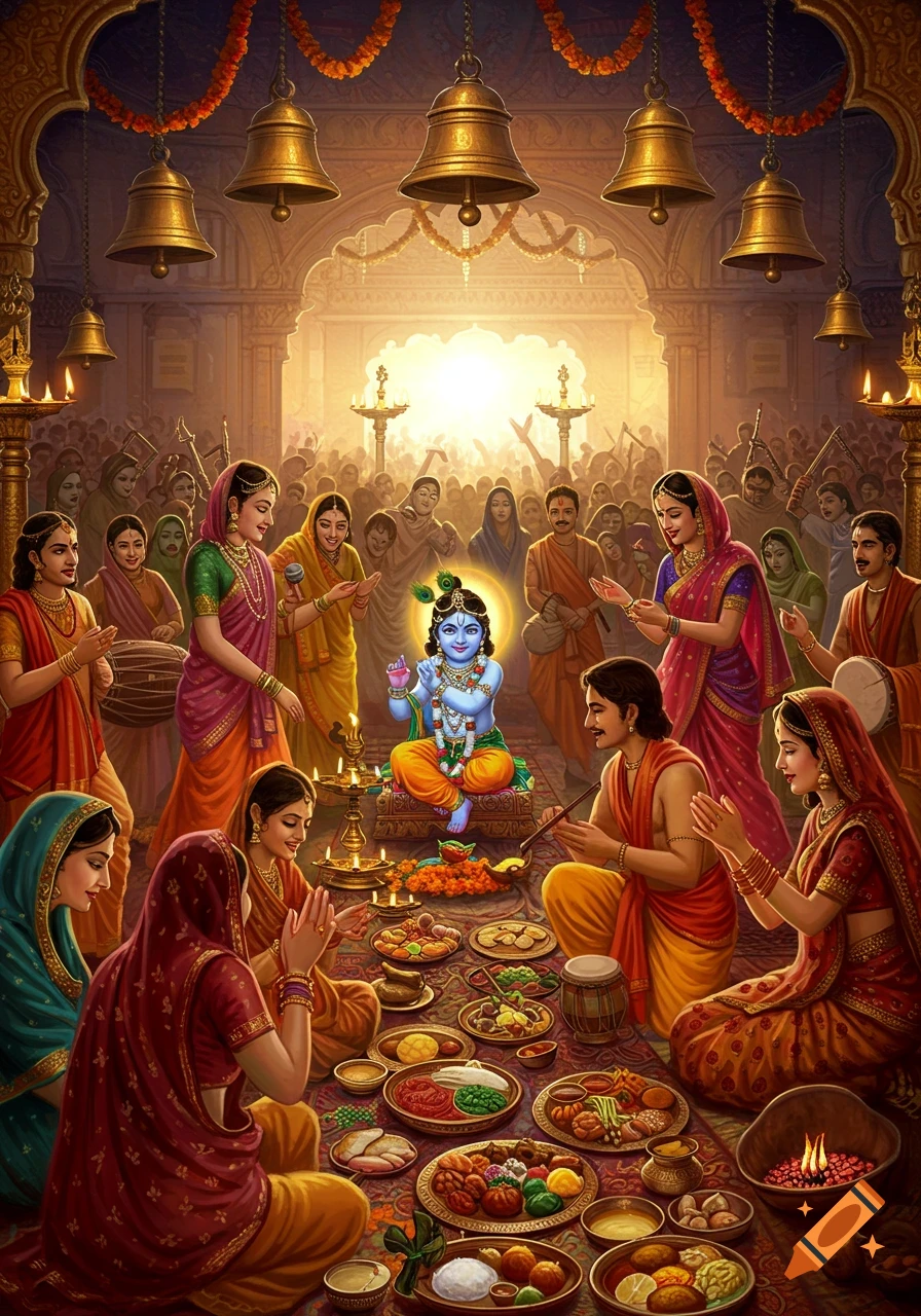 Baby Krishna with blue skin is worshipped by colorfully dressed devotees in a vibrant temple setting with bells and food offerings.