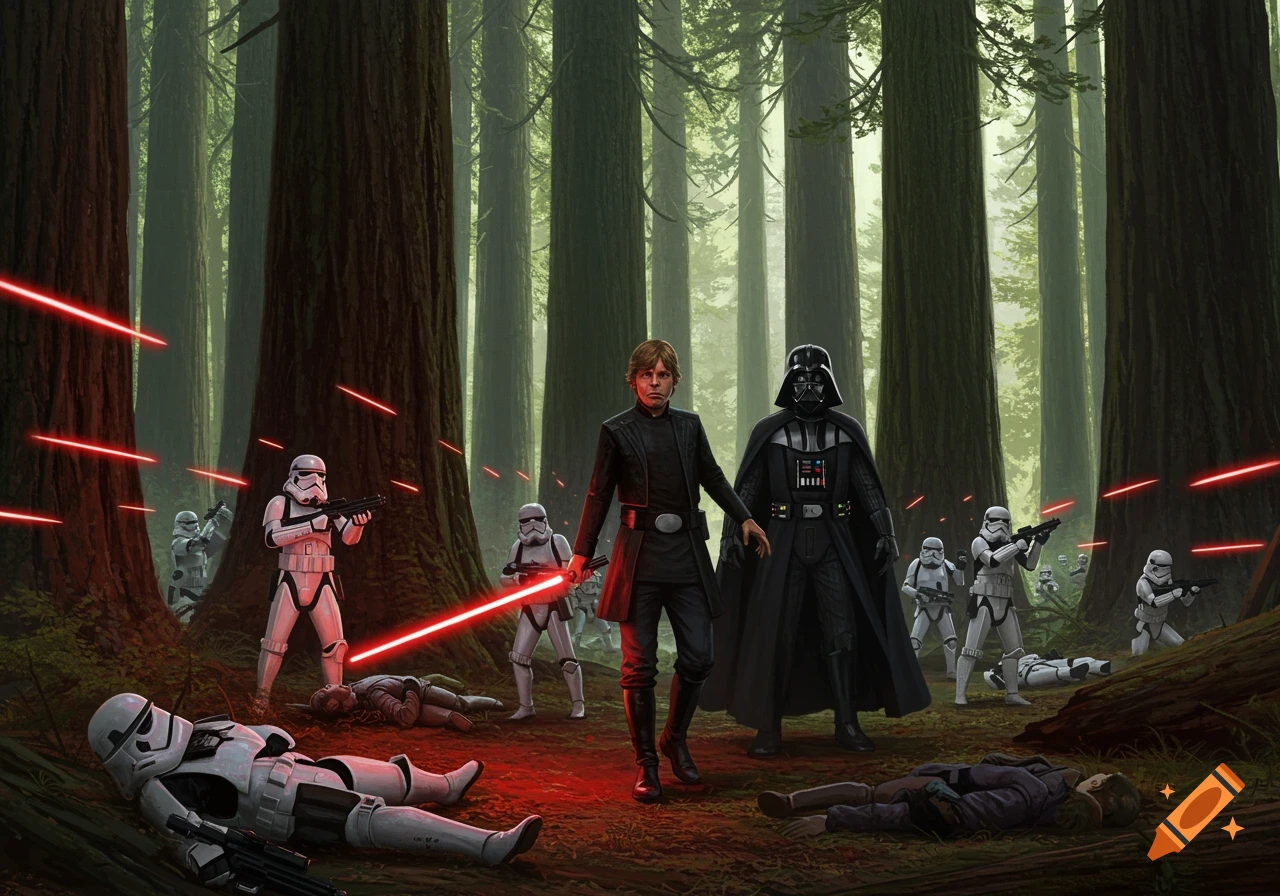 Luke Skywalker with a red lightsaber and Darth Vader stand in a redwood forest with stormtroopers firing blasters and fallen soldiers.