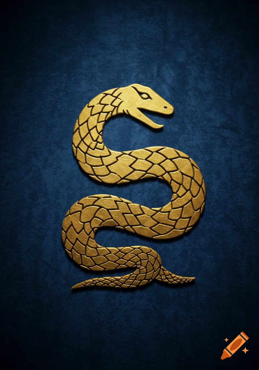 A golden snake emblem with a scaled body, forming an 'S' shape, against a deep blue velvet background.