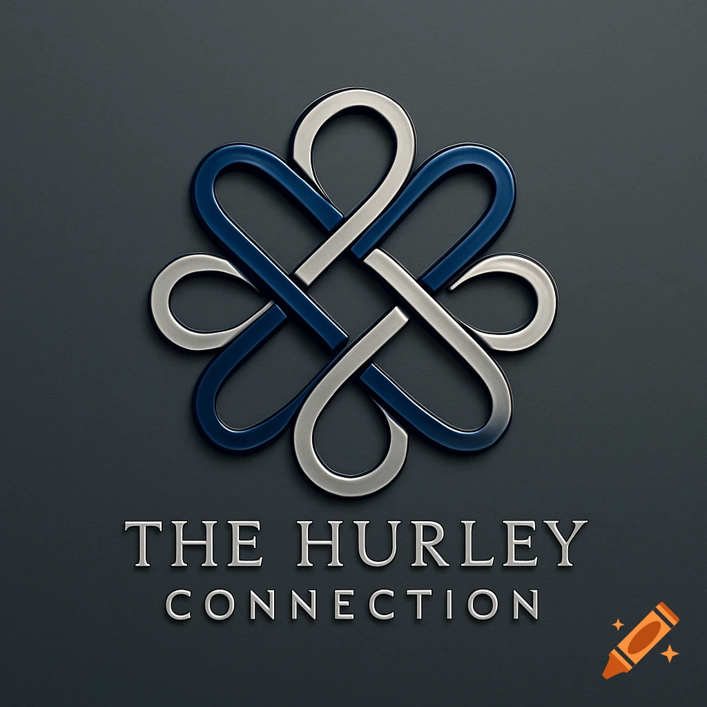 A stylized metallic logo with interlocking blue and silver shapes above the words "THE HURLEY CONNECTION" in silver 3D text on a dark gray background.