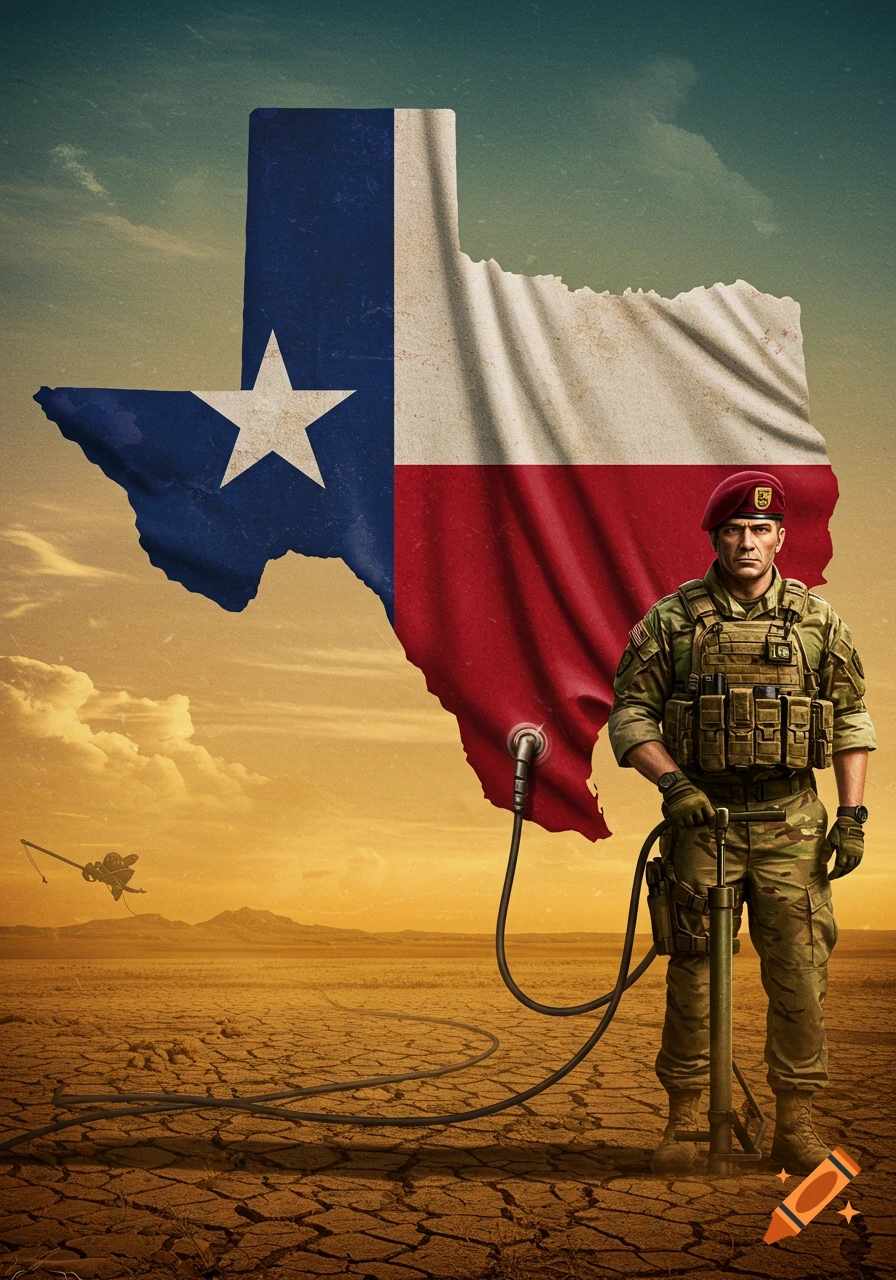 A military soldier in camouflage pumps air into a Texas flag shaped like the state, standing on cracked dry earth.