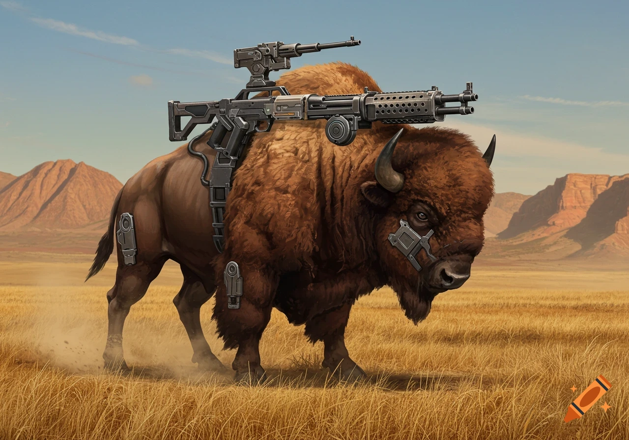A majestic brown bison stands in a dry, grassy field with mountains in the background, equipped with a large machine gun mounted on its back via a detailed harness, in a digital art style.
